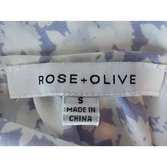 Rose Olive Women Small White Purple Floral Top Chiffon Shirred Short Sleeve - Picture 7 of 7